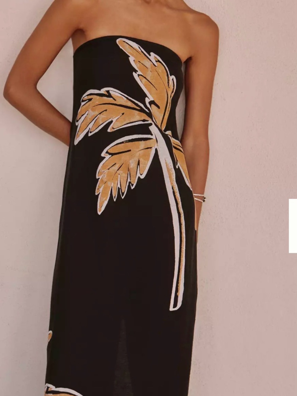 Anthropologie Black  floral Strapless Dress with Gold Palm Motif cotton SZ S NWT